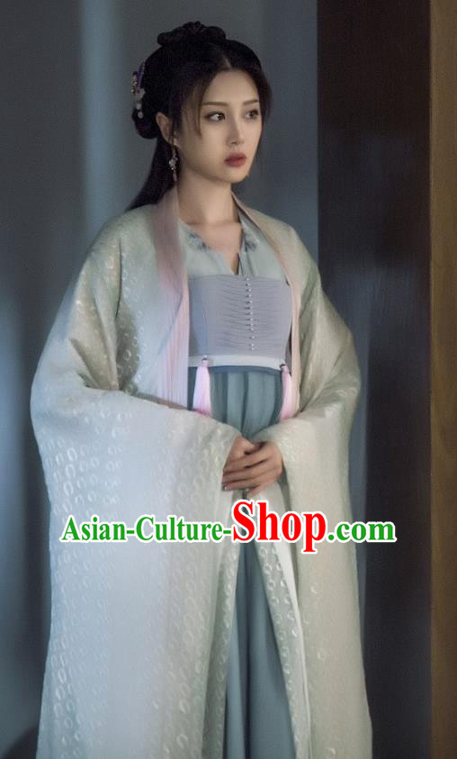 Chinese Ancient Gifted Lady Historical Costumes and Hairpin Drama Tang Dynasty Tour Lu Xinyue Blue Hanfu Dress