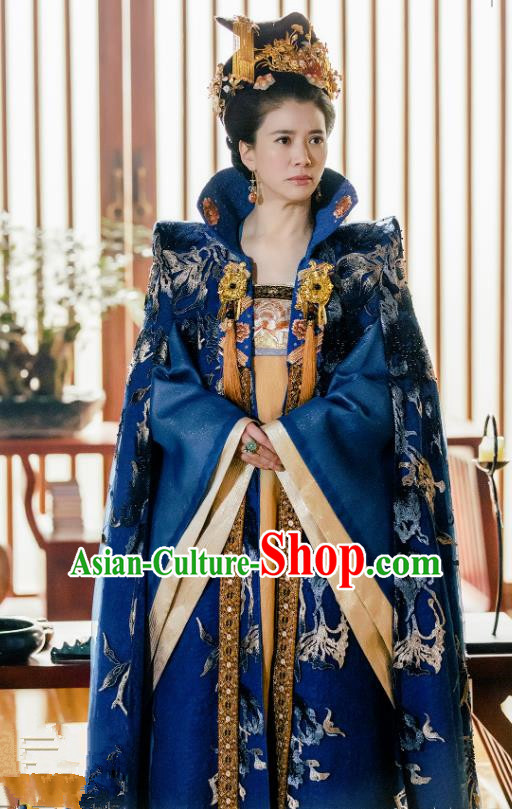 Chinese Ancient Court Queen Historical Costumes and Headwear Drama Tang Dynasty Tour Empress Zhangsun Blue Hanfu Dress