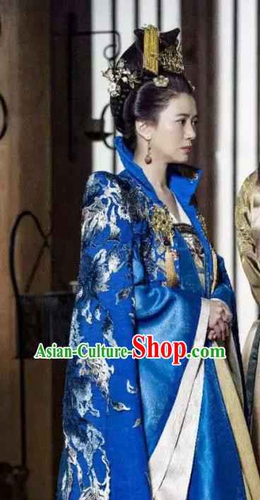 Chinese Ancient Court Queen Historical Costumes and Headwear Drama Tang Dynasty Tour Empress Zhangsun Blue Hanfu Dress