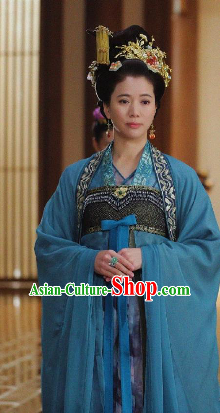 Chinese Ancient Court Empress Historical Costumes and Headwear Drama Tang Dynasty Tour Queen Zhangsun Blue Hanfu Dress