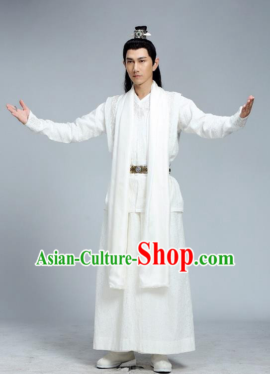 Chinese Ancient Prince Hanfu Clothing and Hairdo Crown Drama The Taosim Crandmaster Swordsman White Costumes