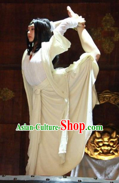 Chinese Ancient Dance Girl Historical Costumes and Headpiece Drama Legend of Southwest Dance and Music Lanma Shandi White Dresses