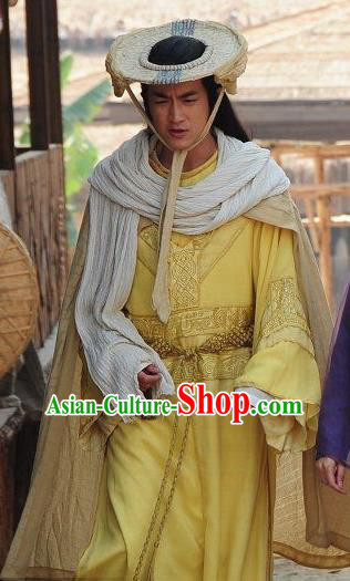 Chinese Ancient Prince of Piao Kingdom Yellow Clothing and Bamboo Hat Drama Legend of Southwest Dance and Music Shu Nantuo Costumes