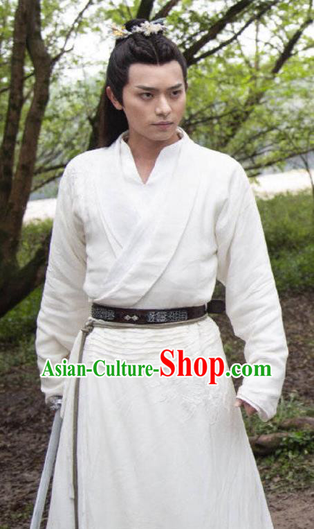 Chinese Ancient Kawaler White Clothing and Hairdo Crown Drama the Birth of the Dream King Swordsman Zhao Qingfeng Hanfu Costumes
