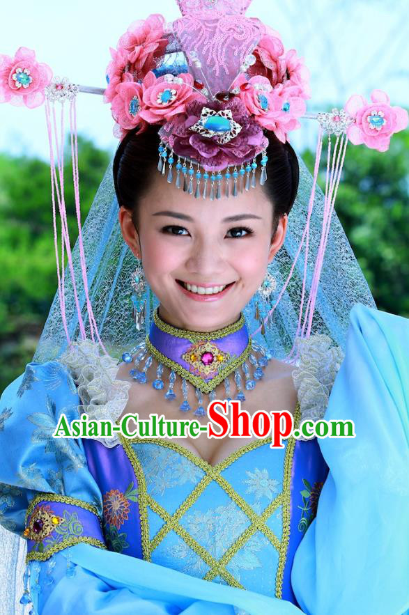 Chinese Ancient Costumes Historical Drama Love Amongst War Princess Dai Zhan Blue Dress and Headpiece Complete Set