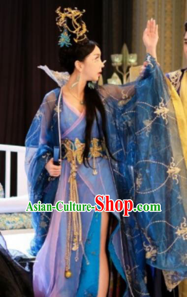 Chinese Ancient Princess Blue Costumes Historical Drama Cover the Sky Mei Yun Dress and Hairpins
