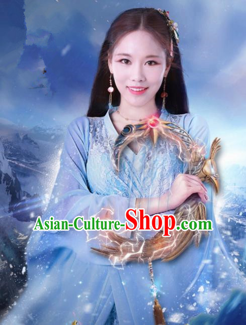 Chinese Ancient Costumes Historical Drama Cover the Sky Princess Qin Di Blue Dress and Hairpins