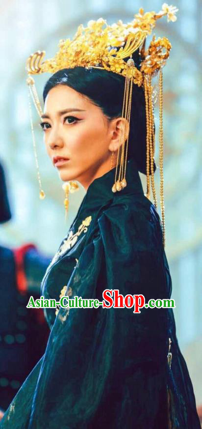 Chinese Ancient Empress Historical Costumes Drama Cover the Sky Queen Sang Ruo Black Hanfu Dress and Hair Jewelries