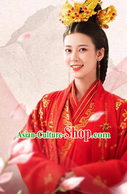 Chinese Ancient Wedding Historical Costumes Drama The Romance of Hua Rong Bride Red Hanfu Dress and Headwear