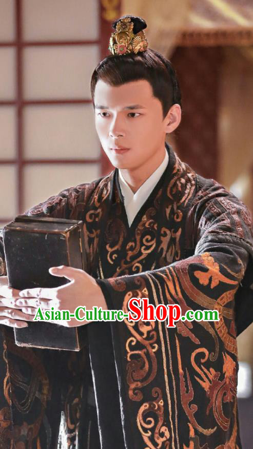 Chinese Ancient Crown Prince Clothing and Headwear Drama Princess at Large Qi Lingxiao Black Costumes for Men