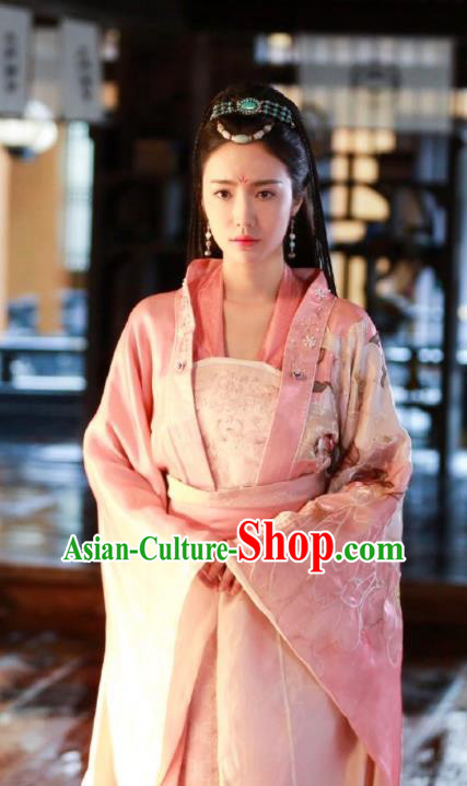 Chinese Ancient Princess Historical Costumes Drama Princess at Large Yan Qingcheng Pink Hanfu Dress and Headdress