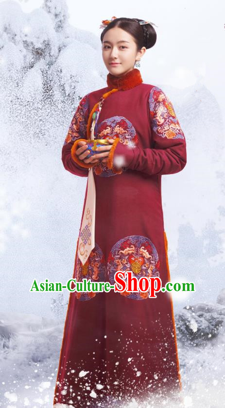 Chinese Ancient Garment Manchu Historical Costumes and Hairpins Drama Dreaming Back to the Qing Dynasty Princess Consort Ming Wei Qipao Dress