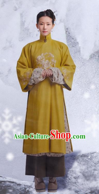 Chinese Ancient Garment Manchu Court Maid Apparels Qipao Dress and Hair Jewelries Drama Dreaming Back to the Qing Dynasty Qi Xiang Garment