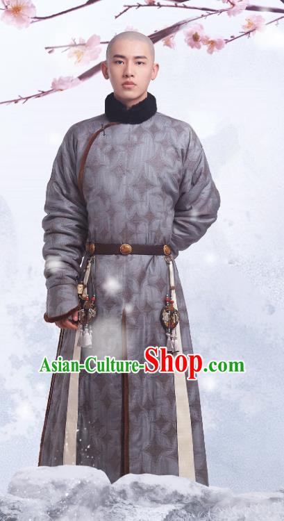 Chinese Ancient Fourteen Prince Aisin Gioro Yinti Garment Manchu Costumes Drama Dreaming Back to the Qing Dynasty Grey Gown Apparels