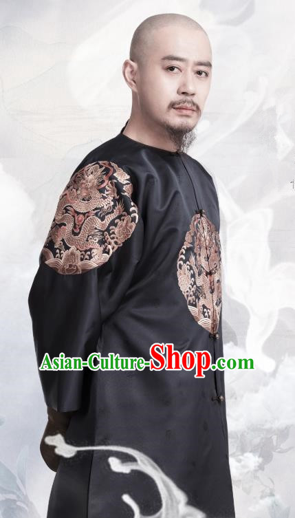 Chinese Ancient Manchu Apparels Emperor Kangxi Costumes Garment Drama Dreaming Back to the Qing Dynasty Aisin Gioro Xuan Ye Black Gown