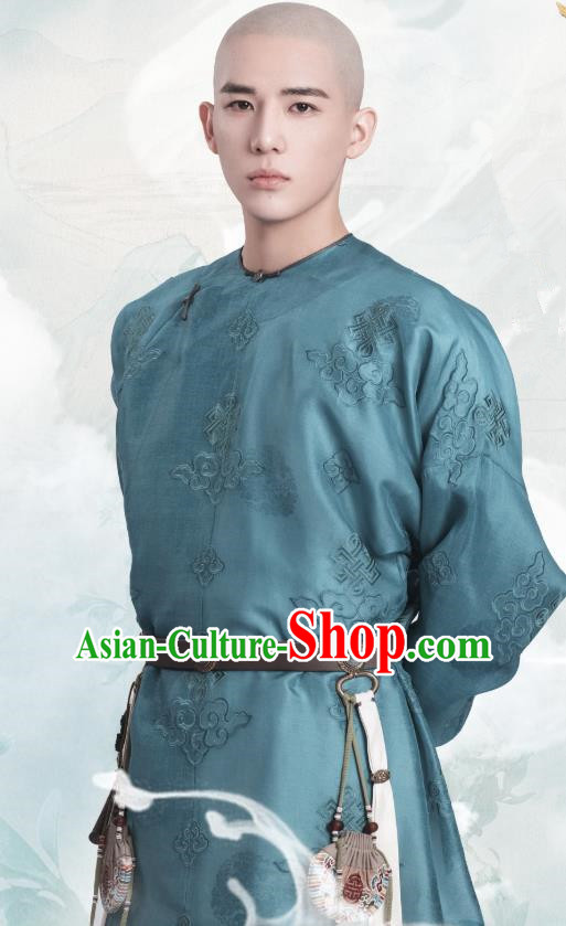 Chinese Ancient Manchu Apparels Costumes Thirteen Prince Garment Drama Dreaming Back to the Qing Dynasty Aisin Gioro Yinxiang Green Gown