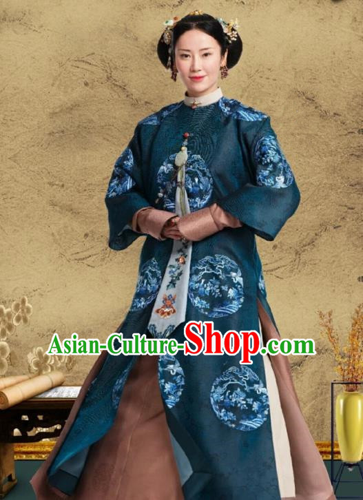 Chinese Ancient Garment Manchu Concubine De Blue Qipao Dress and Hair Accessories Drama Dreaming Back to the Qing Dynasty Court Apparels Costumes