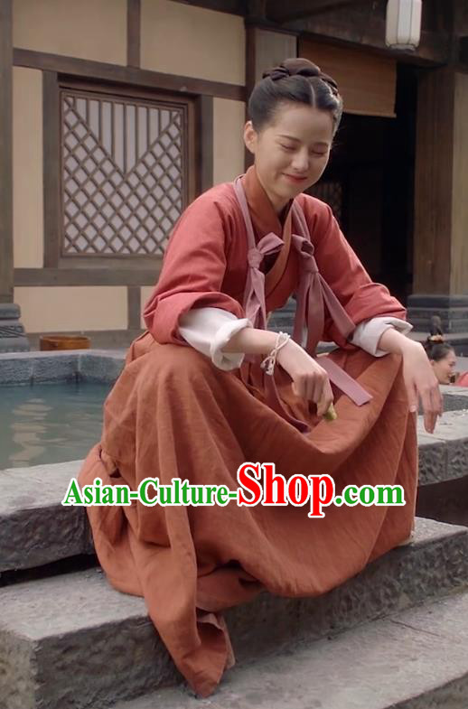 Chinese Ancient Maid Red Apparels Garment Hanfu Dress Drama To Get Her Maidservant Lin Zhengzheng Costumes and Headwear