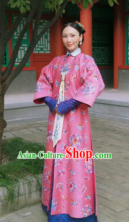 Chinese Ancient Royal Dame Garment Court Manchu Pink Qipao Dress and Headpieces Drama Dreaming Back to the Qing Dynasty Fourth Princess Consort Apparels Costumes