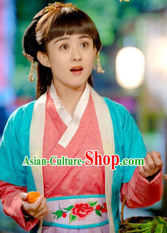 Chinese Ancient Maid Chong Chong Garment Wuxia Drama Happy Mitan Apparels Dress and Hairpins Servant Girl Costumes