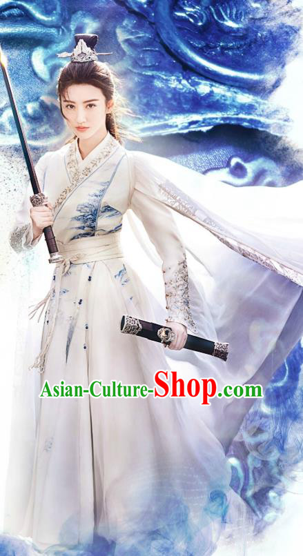 Chinese Wuxia Drama Ancient Swordswoman Garment The King of Blaze Apparels White Dress and Hairdo Crown Situ Fengjian Costumes