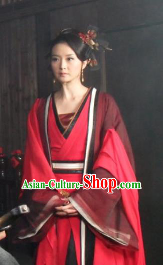 Chinese Ancient Red Apparels Hanfu Dress and Headpieces Drama Butterfly Sword Female Swordsman Gao Jiping Garment Costumes