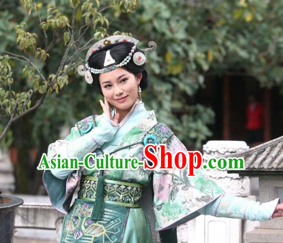 Chinese Ancient Consort Apparels and Headpieces Drama Turbulence of the Mu Clan Costumes Nuo Lan Green Hanfu Dress Garment
