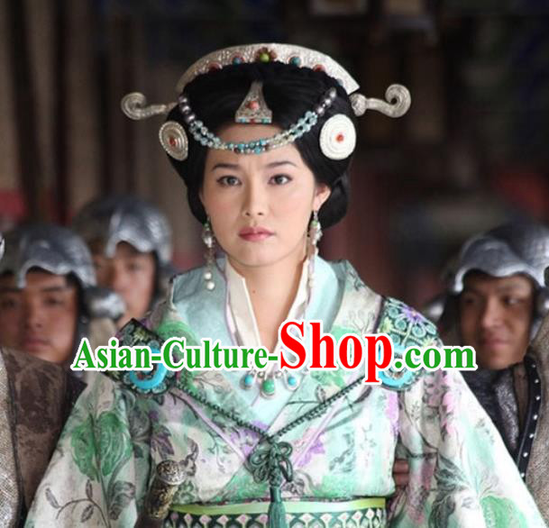 Chinese Ancient Consort Apparels and Headpieces Drama Turbulence of the Mu Clan Costumes Nuo Lan Green Hanfu Dress Garment