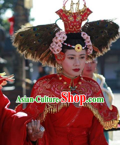 Chinese Ancient Female Castellan Red Apparels and Headdress Drama Turbulence of the Mu Clan A Leqiu Wedding Costumes Garment