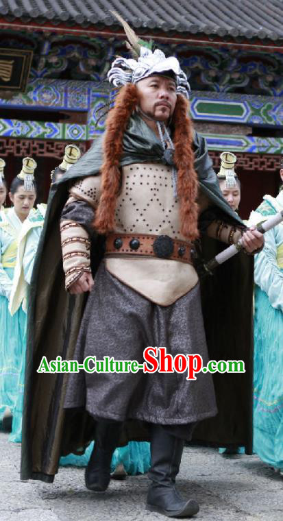 Chinese Ancient Yunnan Chieftain Costumes Apparels Garment Drama Turbulence of the Mu Clan Ethnic King Clothing and Headwear