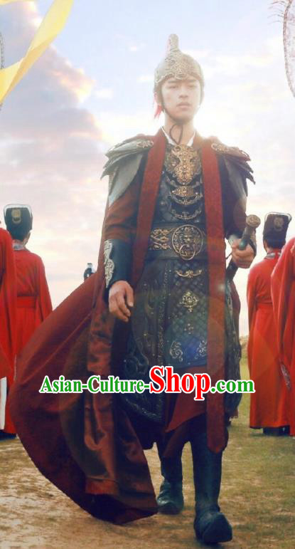 Chinese Ancient Swordsman Hao Yue Apparels Garment and Helmet Wuxia Drama The King of Blaze General Armor Costumes
