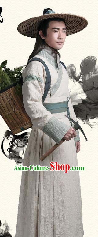 Chinese Ancient Swordsman Apparels Costumes and Bamboo Hat Wuxia Drama The Lost Swordship Knight Zhong Jing Garment