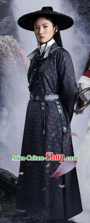 Chinese Ancient Female Swordsman Apparels Garment Costumes and Hat Wuxia Drama The Lost Swordship Heroine Sun Min Black Dress