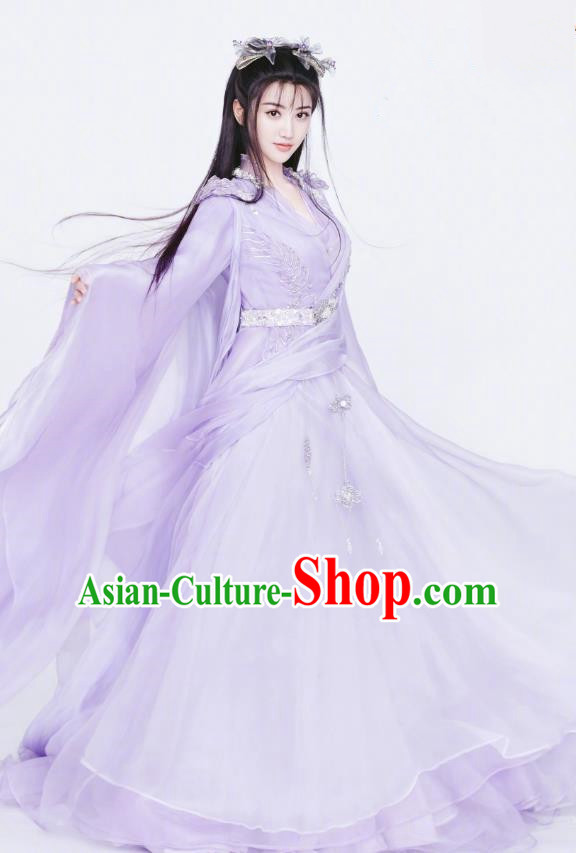 Chinese Ancient Fairy Apparels Garment and Hair Accessories Wuxia Drama The King of Blaze Apparels Qian Mei Purple Dress Costumes