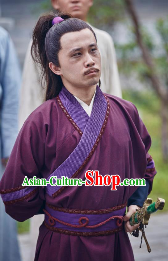 Chinese Ancient Knight Purple Apparels Knight Costumes and Headwear Wuxia Drama Xiya Xia Garment