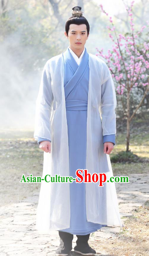 Chinese Ancient Swordsman Blue Garment Costumes and Headpiece Drama I am A Pet At Dali Temple Official Qing Moyan Apparels