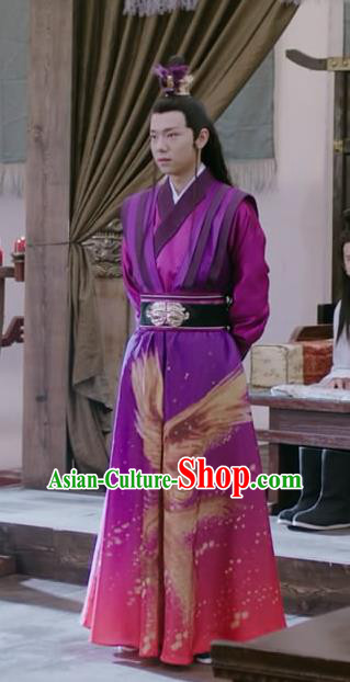Chinese Ancient Swordsman Purple Garment Hanfu Costumes and Hairdo Crown Drama Men With Sword Knight Gen Mochi Apparels