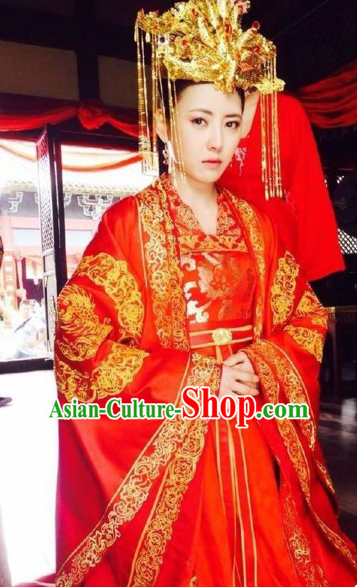 Chinese Ancient Wedding Red Garment Costumes and Phoenix Coronet Drama The World of Love Noble Lady Du Siyu Dress