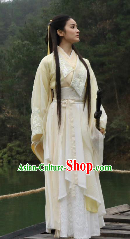 Chinese Ancient Ming Dynasty Garment Beige Dress Costumes and Headpieces Drama Legend of the Concubinage Female Swordsman Liu Ruobing Apparels