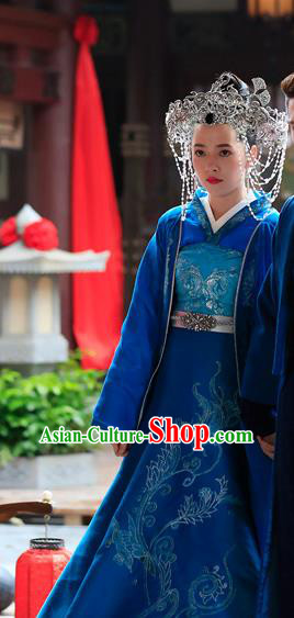 Chinese Ancient Bride Apparels Costumes and Headdress Drama The Starry Night The Starry Sea Noble Lady Lu Li Blue Dress Garment