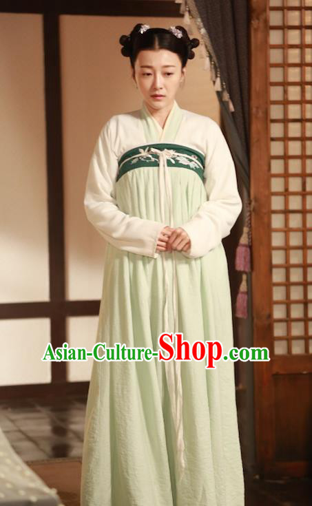 Chinese Ancient Court Maid Apparels Costumes and Headpiece Drama The Starry Night The Starry Sea Maidservant Green Hanfu Dress Garment