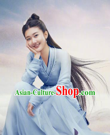 Chinese Ancient Immortal Blue Dress Costumes Drama Eternal Love of Dream Goddess Cheng Yu Garment and Headwear