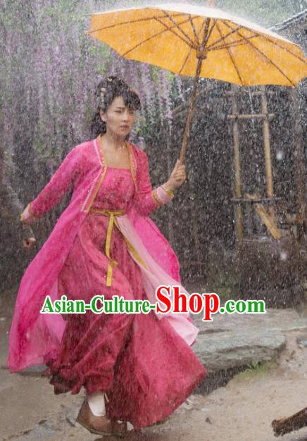 Chinese Ancient Village Girl Rosy Dress Apparels Costumes and Headpieces Drama Earth Smoke Sparkle Kitchen Hua Erqiao Garment