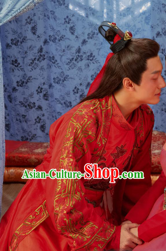Chinese Ancient Swordsman Wedding Garment Clothing and Headpiece Drama Earth Smoke Sparkle Kitchen Meng Yuhuai Red Apparels