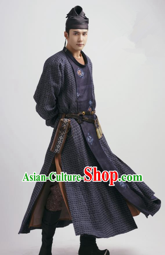 Chinese Ancient Swordsman Purple Garment and Hat Drama Wu Xin The Monster Killer Tang Dynasty Apparels Clothing