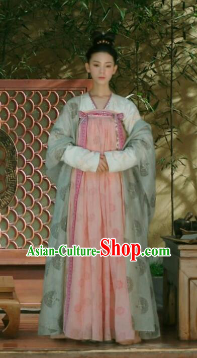 Chinese Ancient Palace Lady Pink Hanfu Dress Tang Dynasty Apparels Costumes and Headdress Drama Wu Xin The Monster Killer Female Swordsman Liu Qingluan Garment