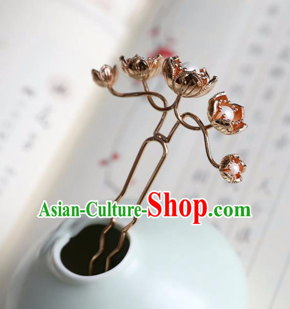 Chinese Ancient Golden Flowers Hair Clips Jewelry Headwear Hair Accessories Ming Dynasty Hairpins for Women