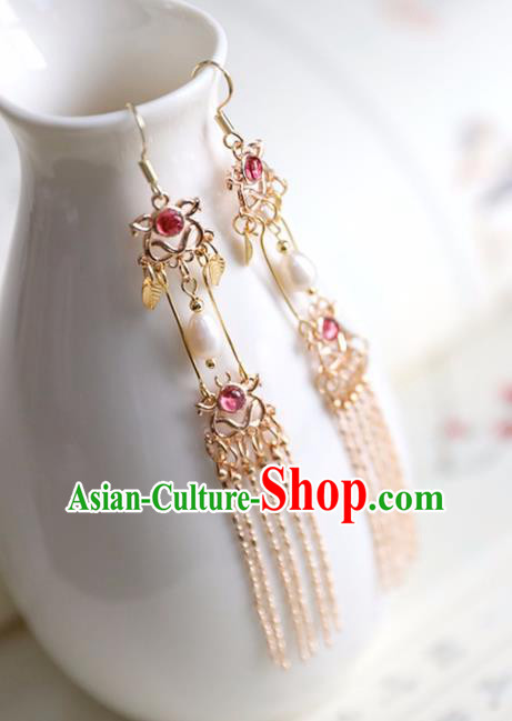 Chinese Ancient Hanfu Garnet Earrings Women Jewelry Ming Dynasty Golden Tassel Ear Accessories