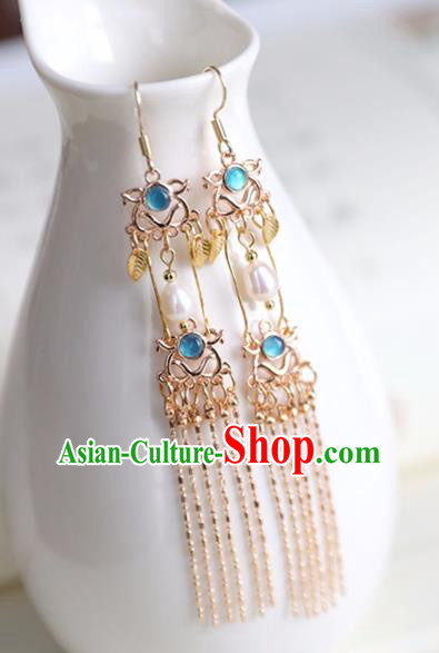 Chinese Ancient Hanfu Blue Crystal Earrings Women Jewelry Ming Dynasty Tassel Ear Accessories