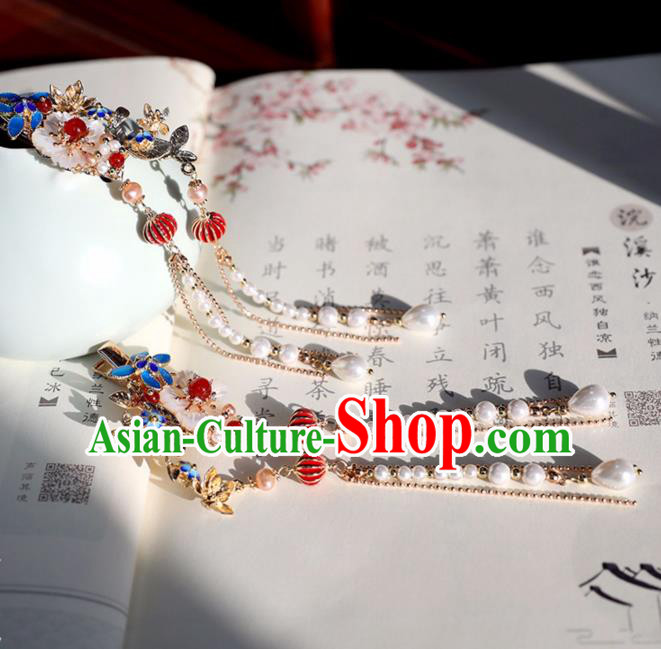 Chinese Ancient Red Lantern Hair Claws Jewelry Headwear Hair Accessories Ming Dynasty Hanfu Tassel Hairpins for Women